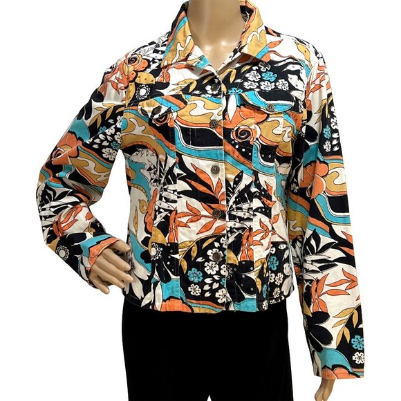 Shana K Cotton Floral Western Style Denim Shirt Jacket. Size M. Sequins. Pockets - Picture 1 of 6